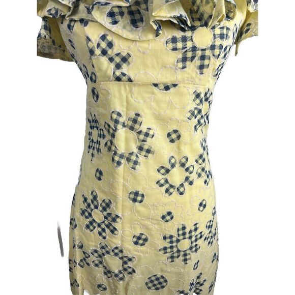 Vintage 1970s Custom-Made Yellow Daisy Maxi Ruffle Shoulder Dress Size Small - Picture 3 of 8